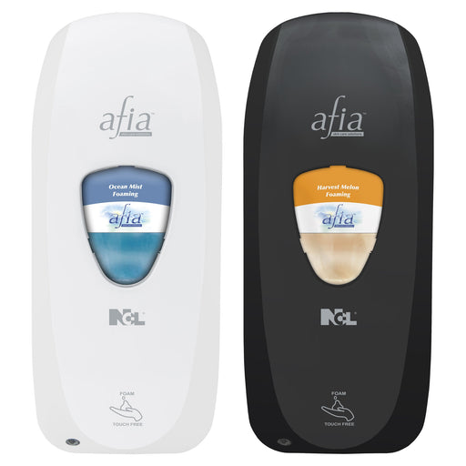 side by side Afia Touch Free Foaming Dispensers in both black & in white
