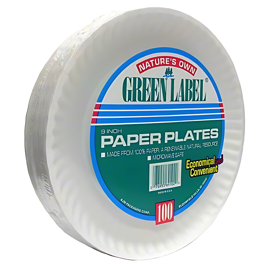 Green Label - Paper Plates - 9" - White - (12/100/CS)