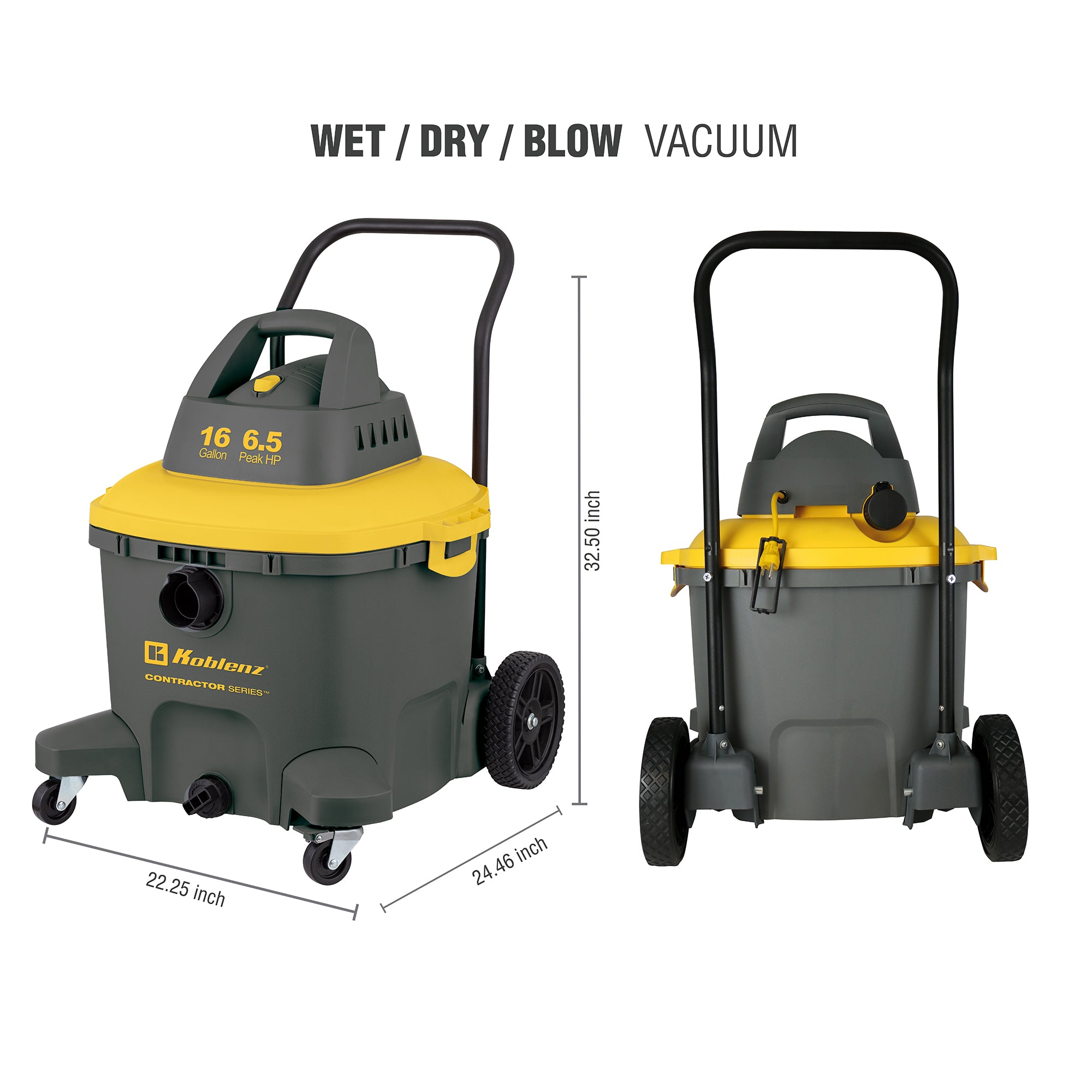 KOBLENZ - 16 GALLON - WET DRY SHOP VAC - 6.5 HP - REAR PUSH-PULL HANDLE