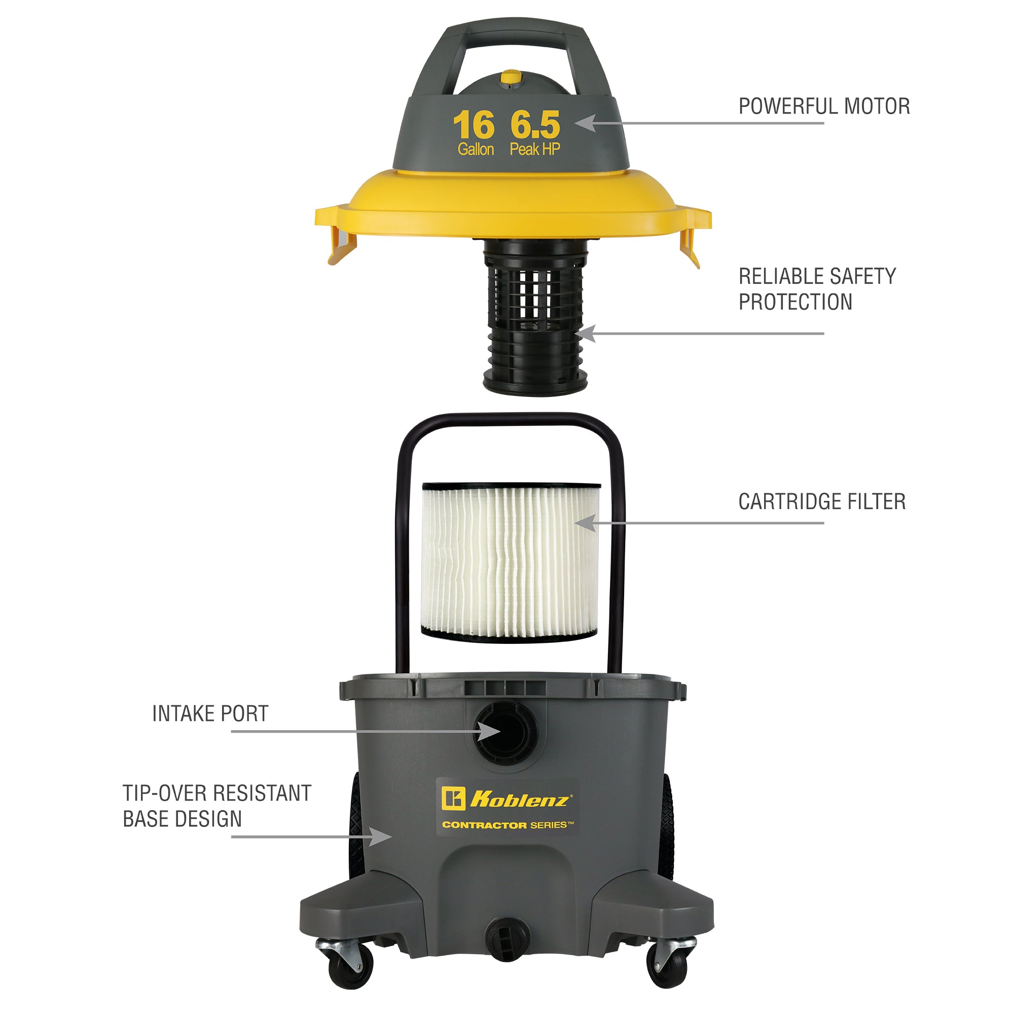 KOBLENZ - 16 GALLON - WET DRY SHOP VAC - 6.5 HP - REAR PUSH-PULL HANDLE