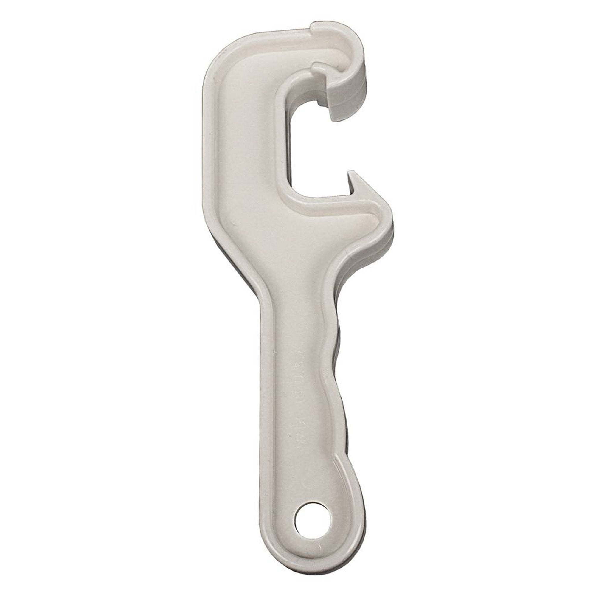 Side view of plastic pail lid opener in white