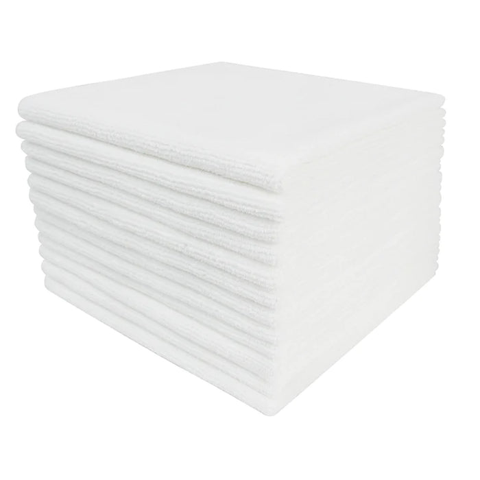 Stack of white Tricol Clean Everplush Commercial Grade 16 inch Microfiber Cleaning Cloths