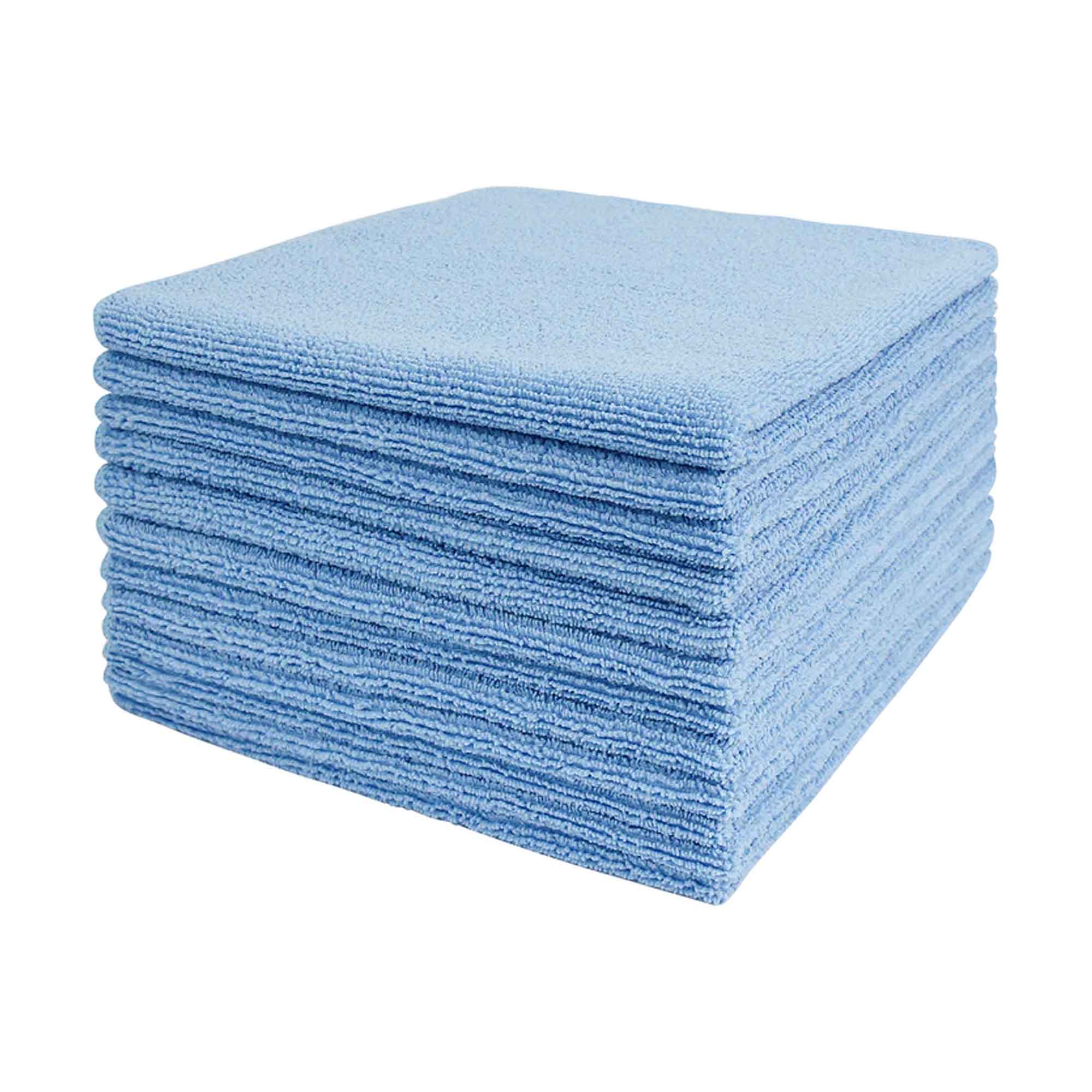 stack of blue Tricol Clean Everplush Commercial Grade 16 inch Microfiber Cleaning Cloths