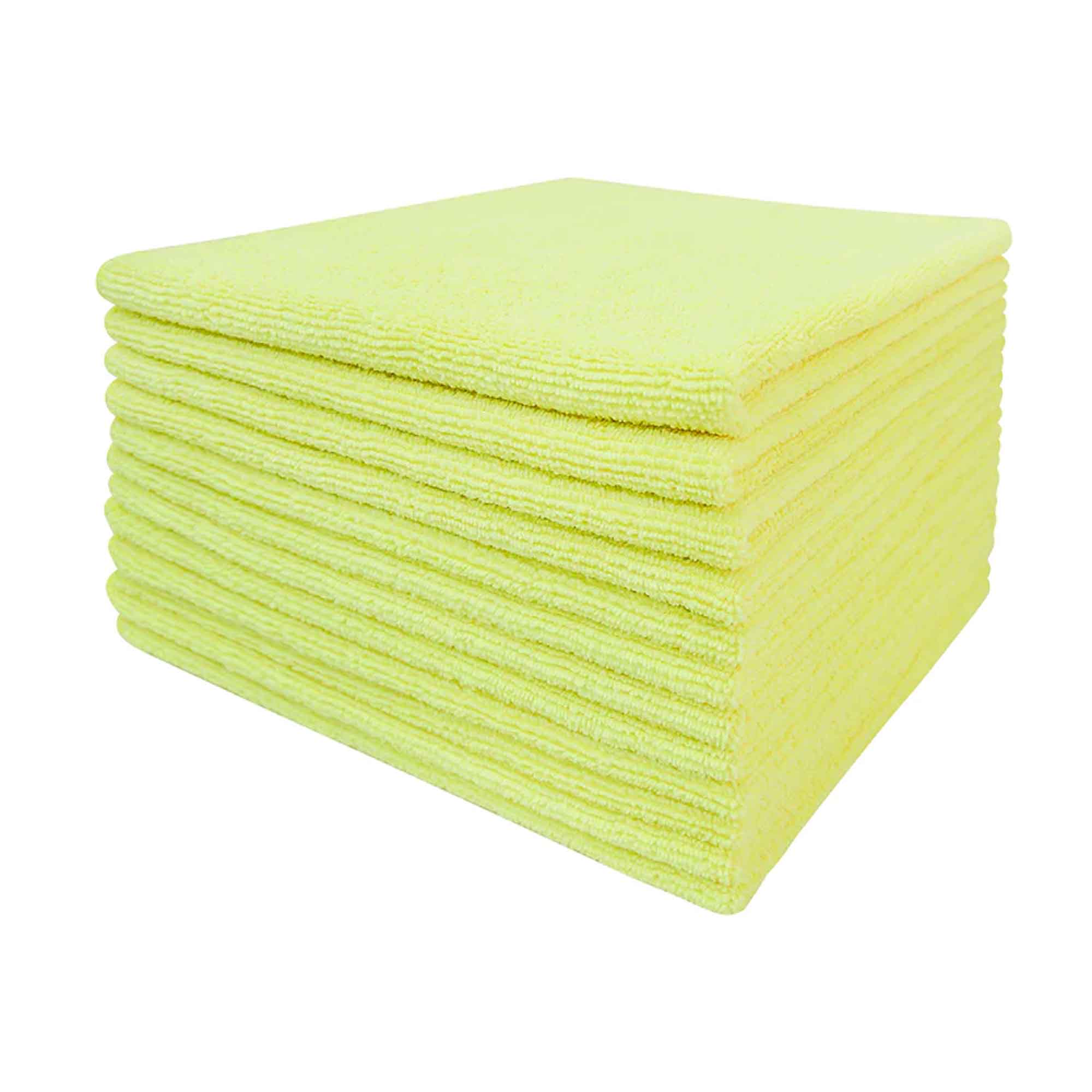 stack of yellow Tricol Clean Everplush Commercial Grade 16 inch Microfiber Cleaning Cloths