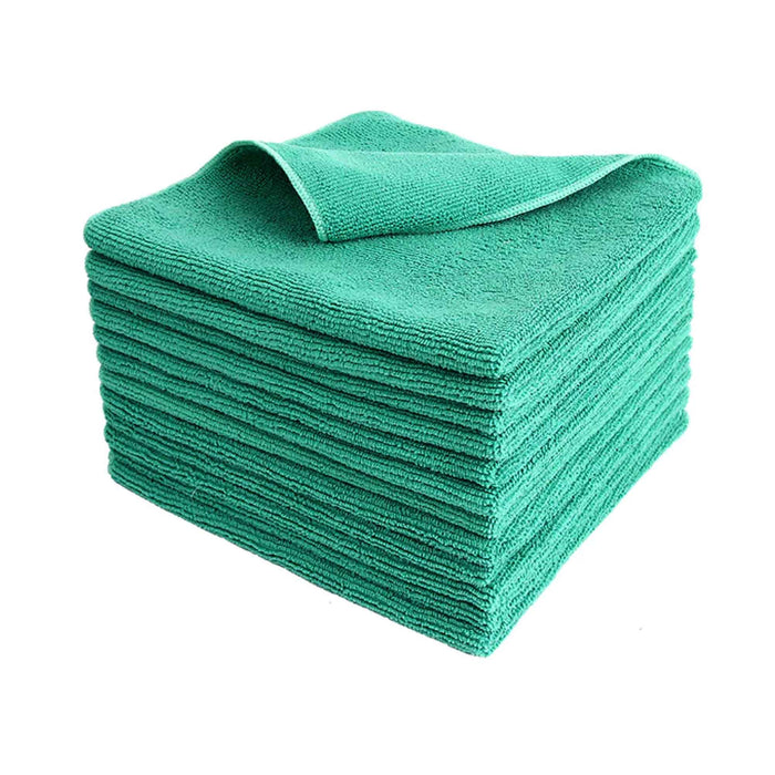 stack of green Tricol Clean Everplush Commercial Grade 16 inch Microfiber Cleaning Cloths