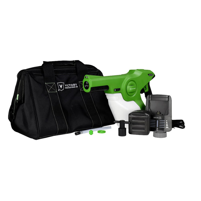 Green Klean Victory Professional Cordless Electrostatic Handheld Sprayer and accessories next to carry bag
