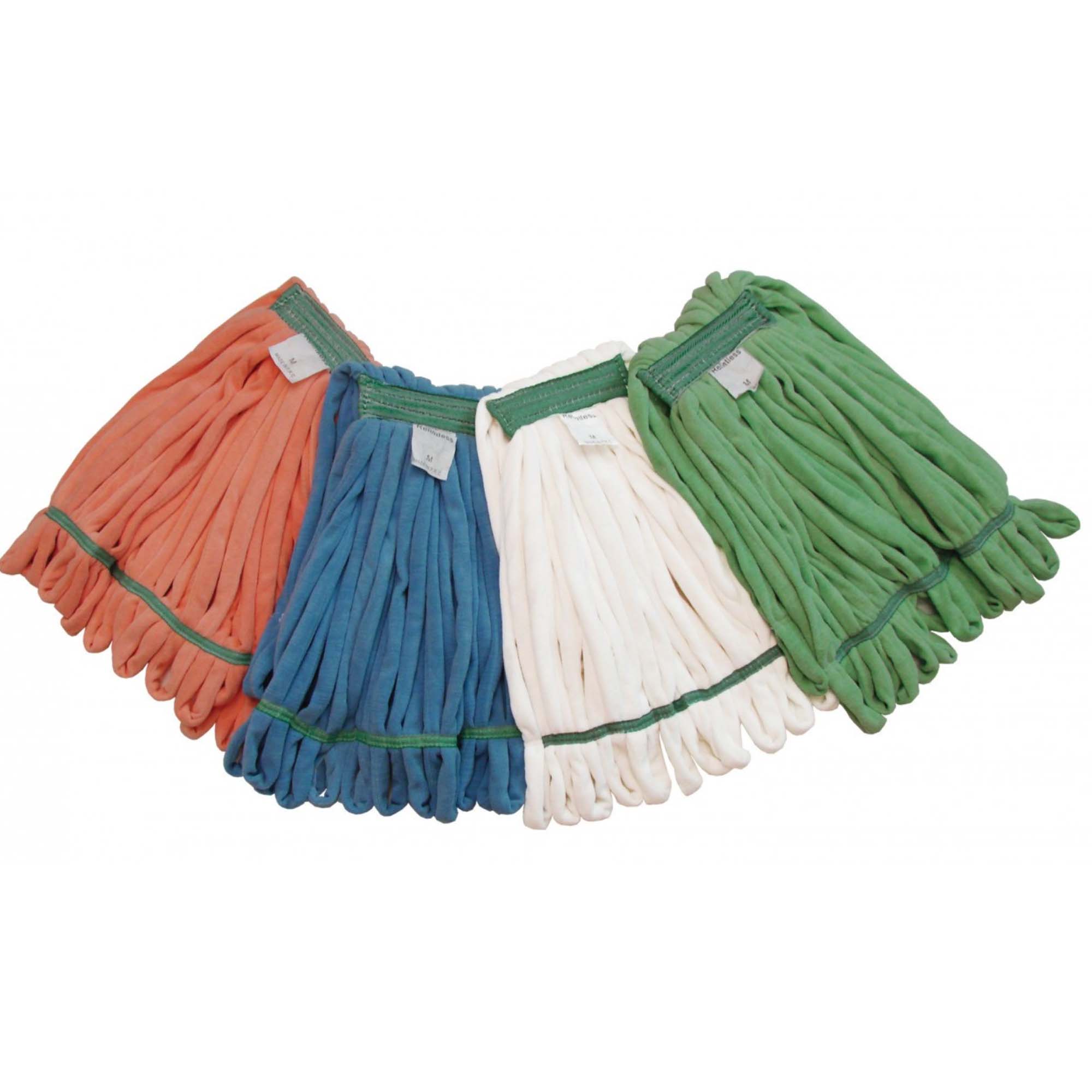 Golden Star Relintless Microfiber Tube Traditional Wet Mops, 5 inch head band, size medium, pictured in orange, blue, white, and green