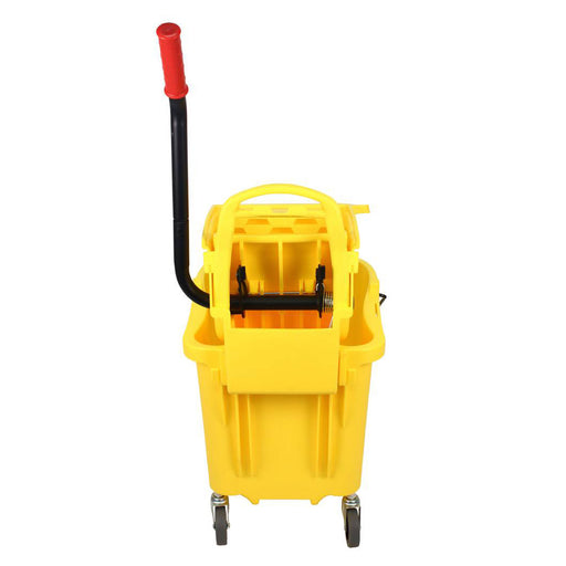 back view of Yellow Combo Mop Bucket / wringer with dirty water bucket and sediment drain
