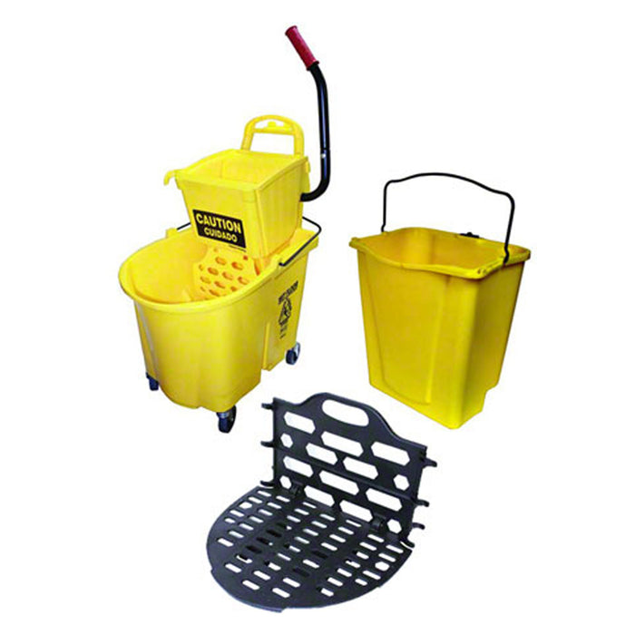 all pieces of Yellow Combo Mop Bucket / wringer with dirty water bucket and sediment drain, shown separately  