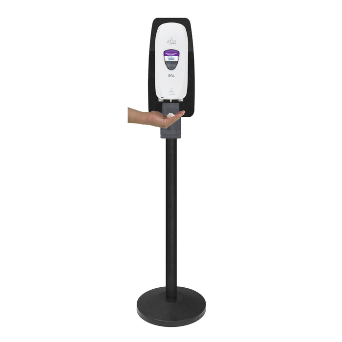 Afia Free Standing Dispenser Floor Stand, in Black, pictured with dispenser and drip tray attached