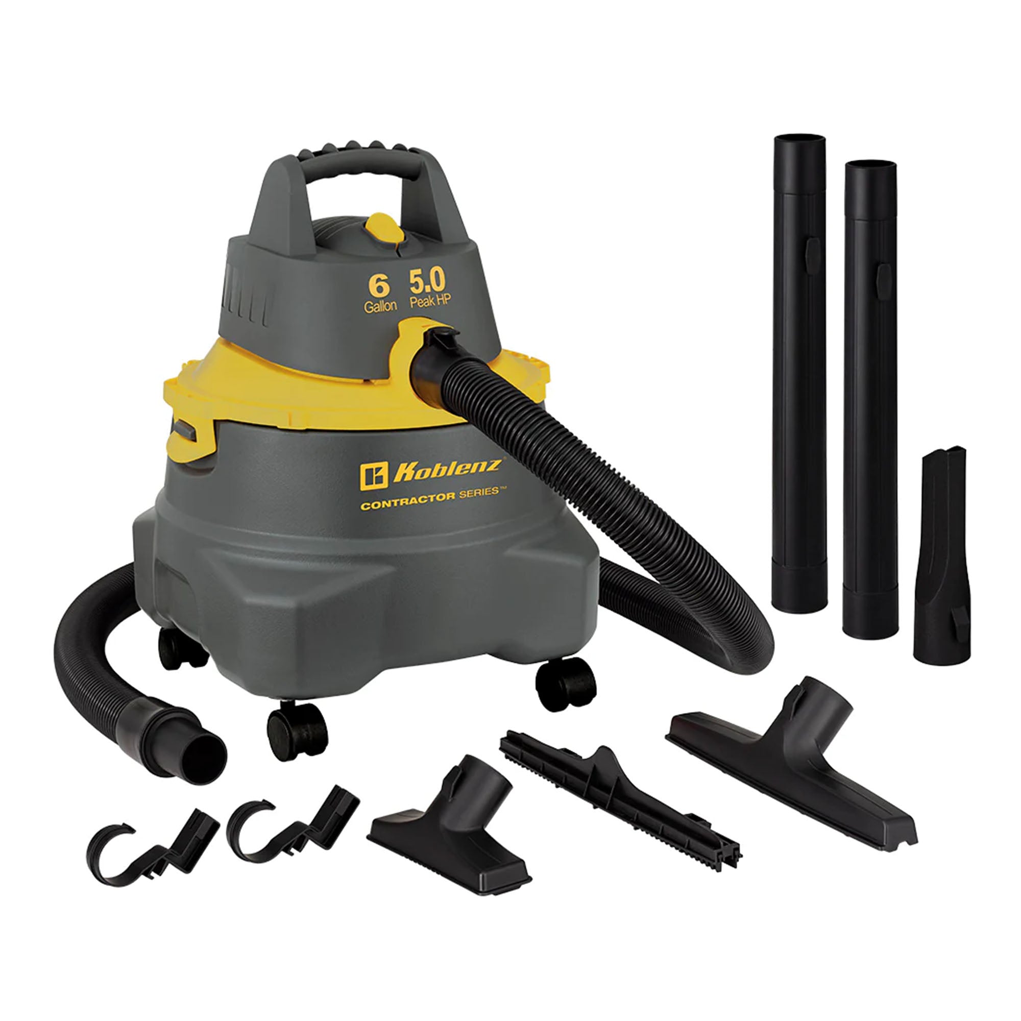 Koblenz Contractor 5.0 Peak HP Wet Dry Blow Shop Vacuum - 6 GAL, pictured machine and all accessories