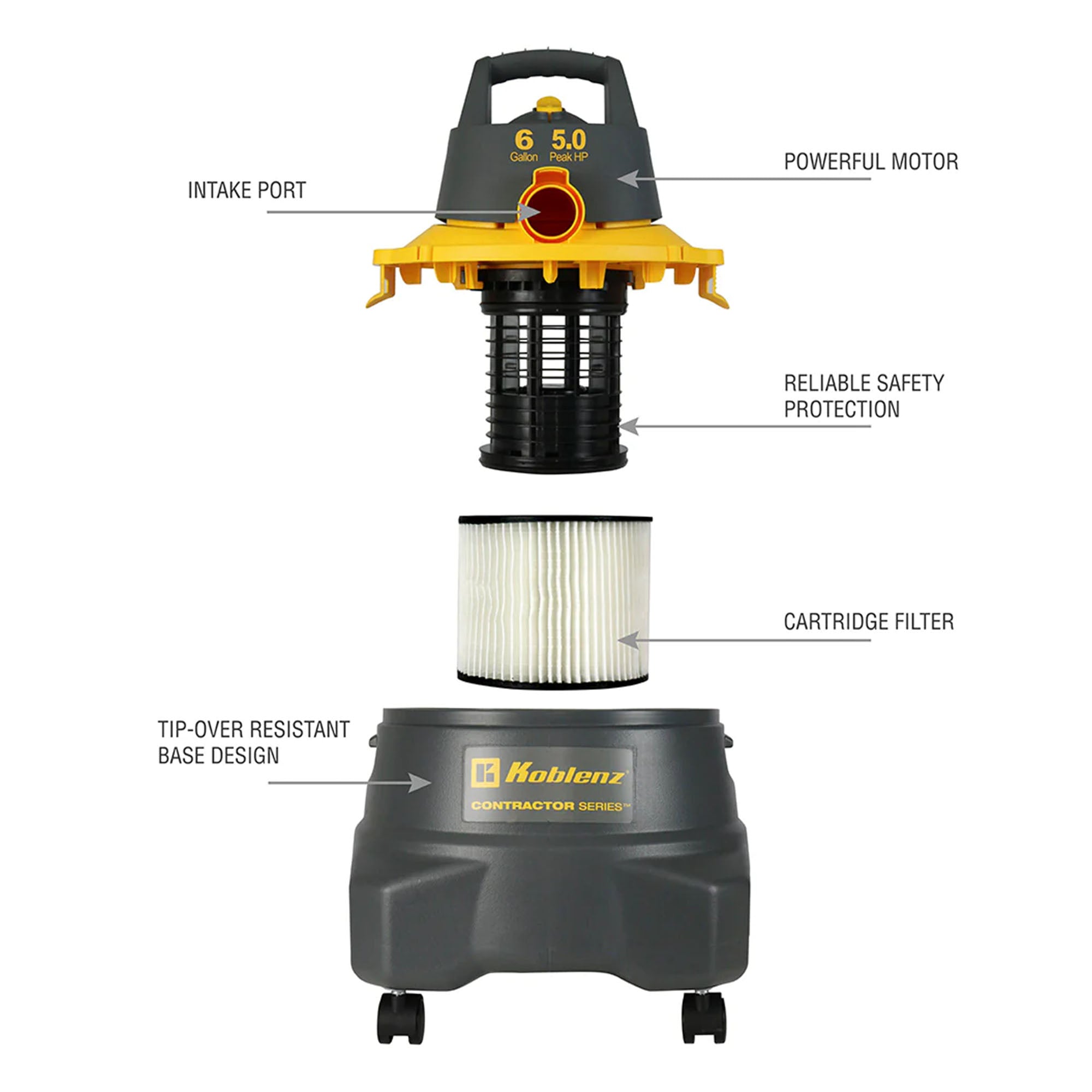 dis-assembled view of Koblenz Contractor 5.0 Peak HP Wet Dry Blow Shop Vacuum - 6 GAL