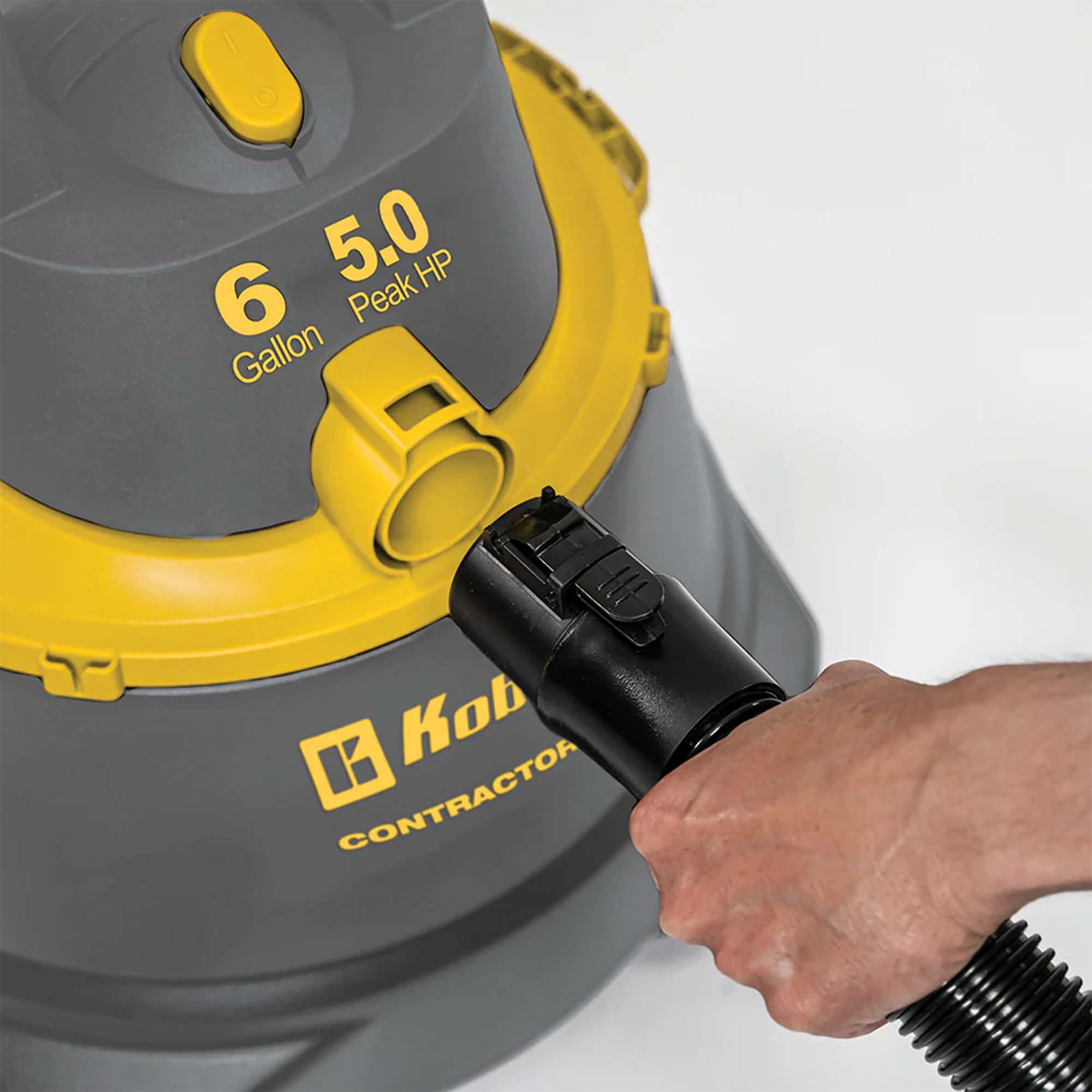 close up of hose attachment to Koblenz Contractor 5.0 Peak HP Wet Dry Blow Shop Vacuum - 6 GAL